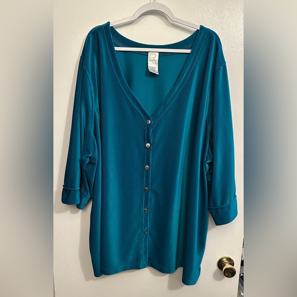 Roaman’s Women’s 5X Button Front V Neck Shirt Teal Blue Ribbed Velour